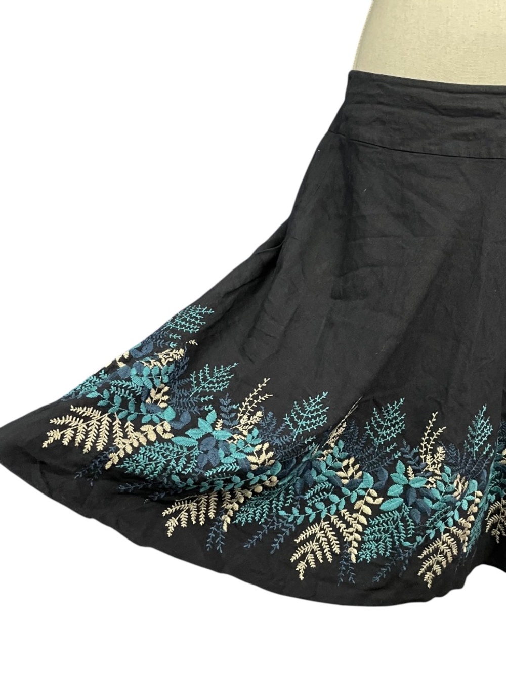 Linen Embroidered Skirt 14 Knee Length Navy Blue Botanical Fronds A-Line